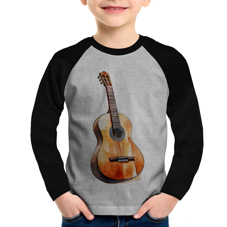Camiseta Raglan Infantil Violão Manga Longa - Cinza/Preto