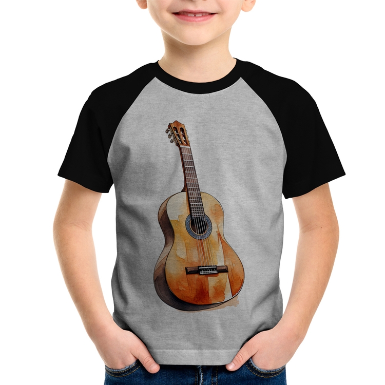 Camiseta Raglan Infantil Violão - Cinza/Preto