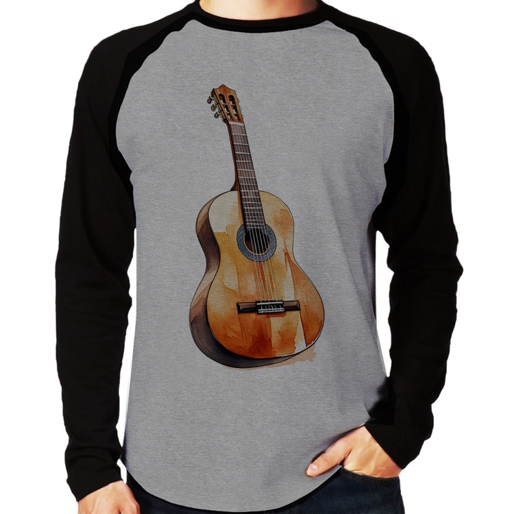 Camiseta Raglan Violão Manga Longa - Cinza/Preto