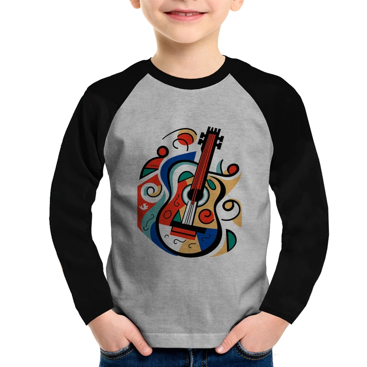 Camiseta Raglan Infantil Violão Colors Manga Longa - Cinza/Preto