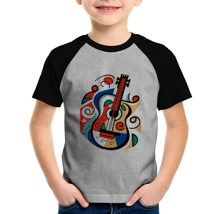 Camiseta Raglan Infantil Violão Colors - Cinza/Preto