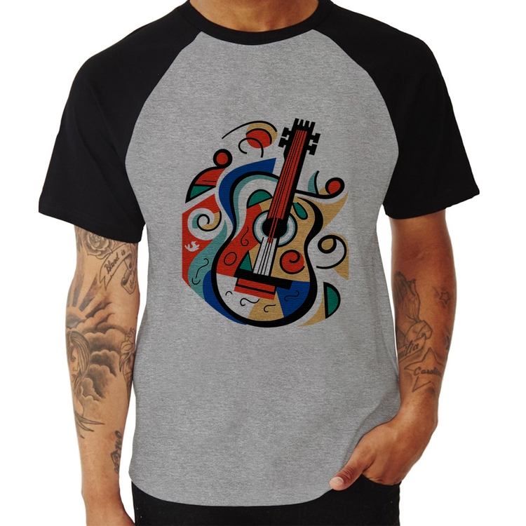 Camiseta Raglan Violão Colors - Cinza/Preto