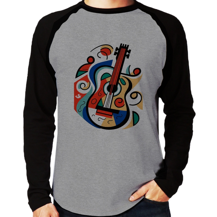 Camiseta Raglan Violão Colors Manga Longa - Cinza/Preto