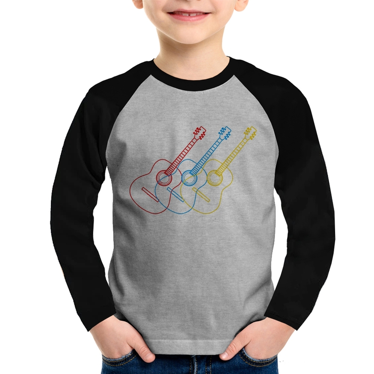 Camiseta Raglan Infantil Violão Cores Manga Longa - Cinza/Preto