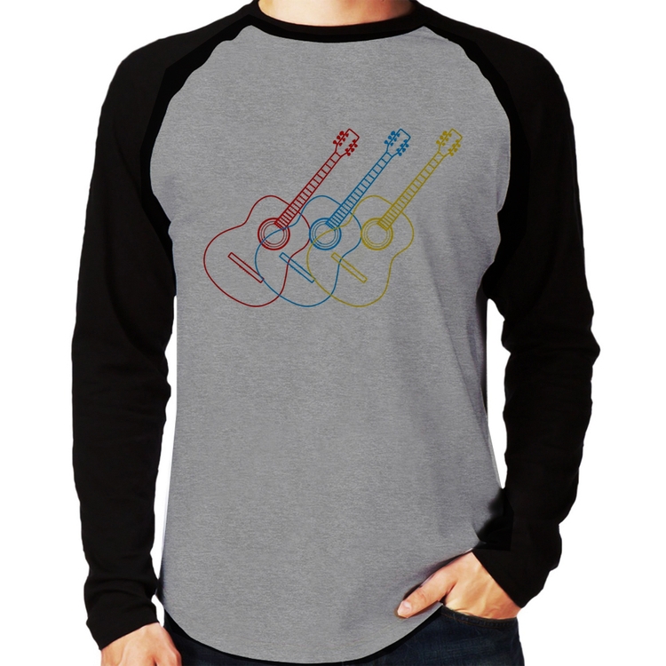 Camiseta Raglan Violão Cores Manga Longa - Cinza/Preto