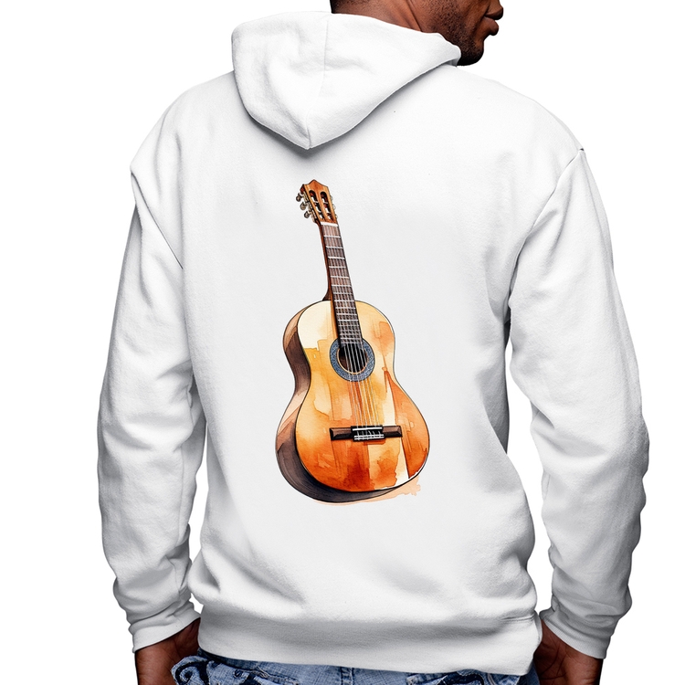 Blusa Moletom Violão Masculina com Capuz e Zíper - Branca