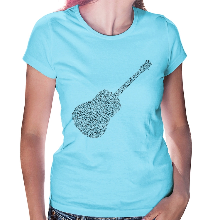 Baby Look Violão Notas Musicais - Azul Bebê