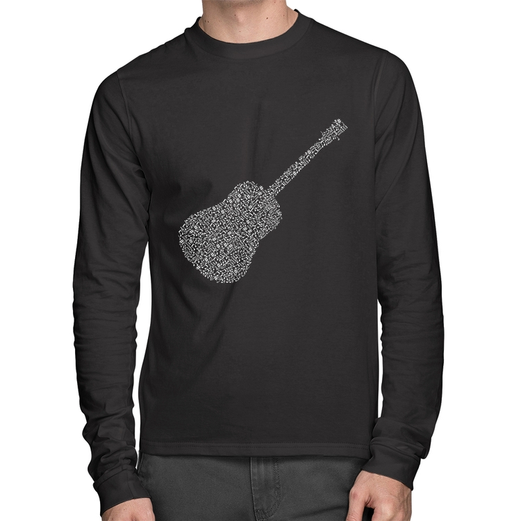 Camiseta Algodão Violão Notas Musicais Manga Longa