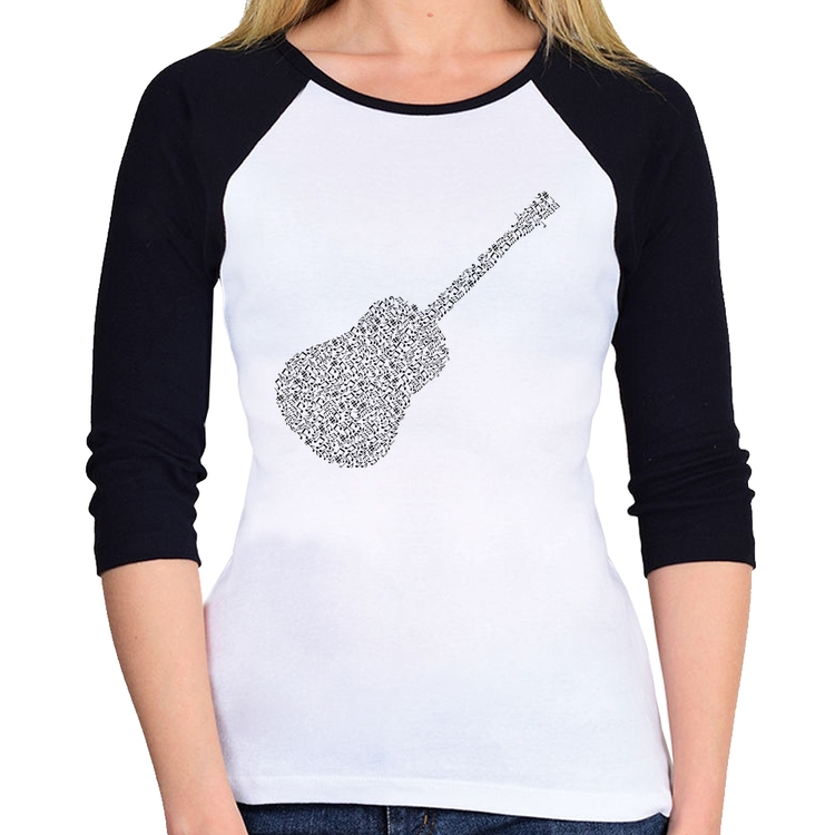 Baby Look Raglan Violão Notas Musicais Manga 3/4