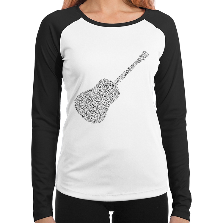 Baby Look Raglan Violão Notas Musicais Manga Longa