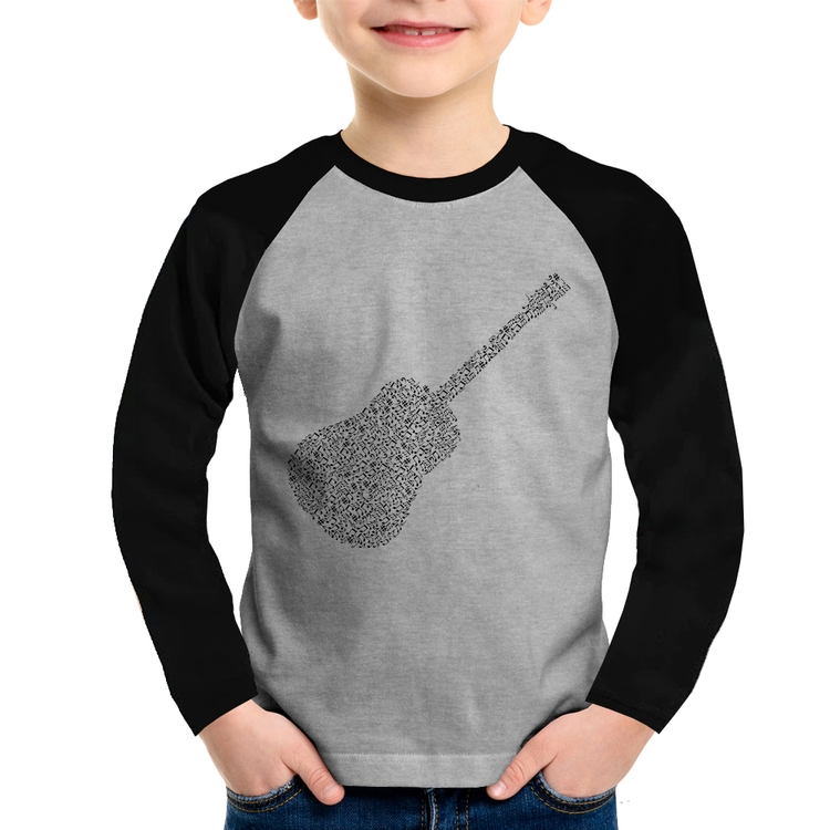 Camiseta Raglan Infantil Violão Notas Musicais Manga Longa - Cinza/Preto