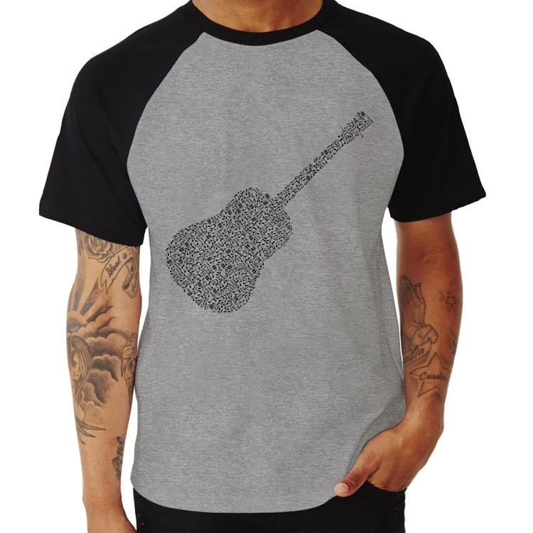 Camiseta Raglan Violão Notas Musicais - Cinza/Preto