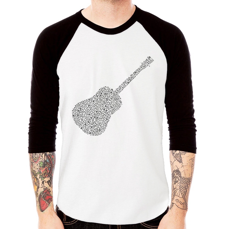 Camiseta Raglan Violão Notas Musicais Manga 3/4