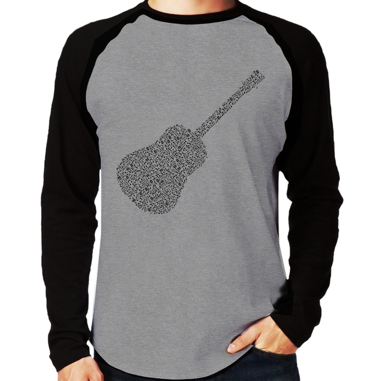Camiseta Raglan Violão Notas Musicais Manga Longa - Cinza/Preto