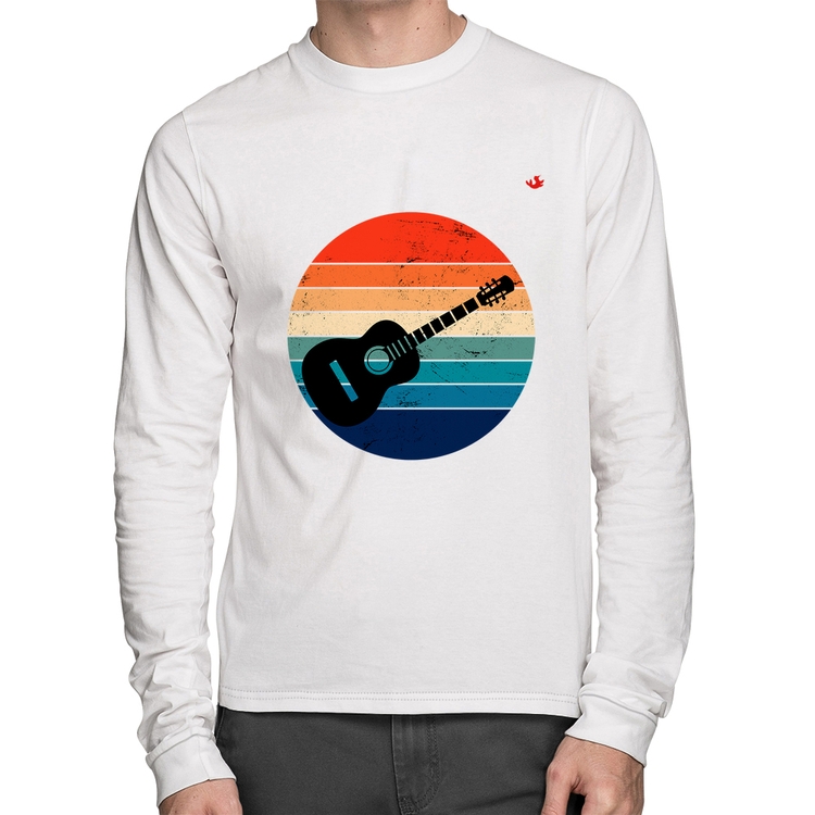 Camiseta Algodão Violão Vintage Sunset Manga Longa - Branca