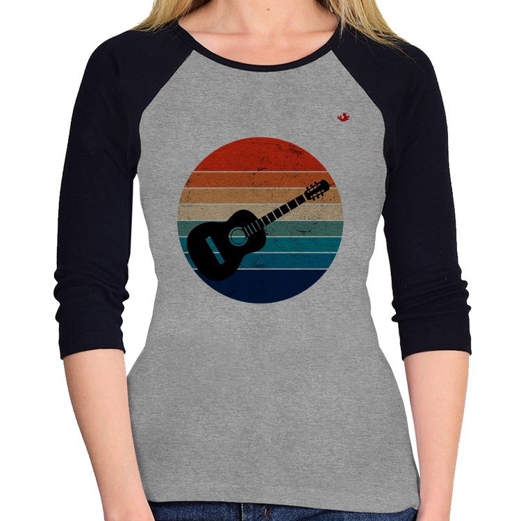 Baby Look Raglan Violão Vintage Sunset Manga 3/4 - Cinza/Preto