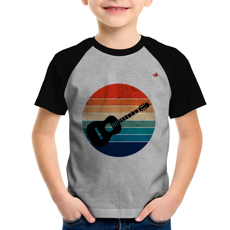 Camiseta Raglan Infantil Violão Vintage Sunset - Cinza/Preto