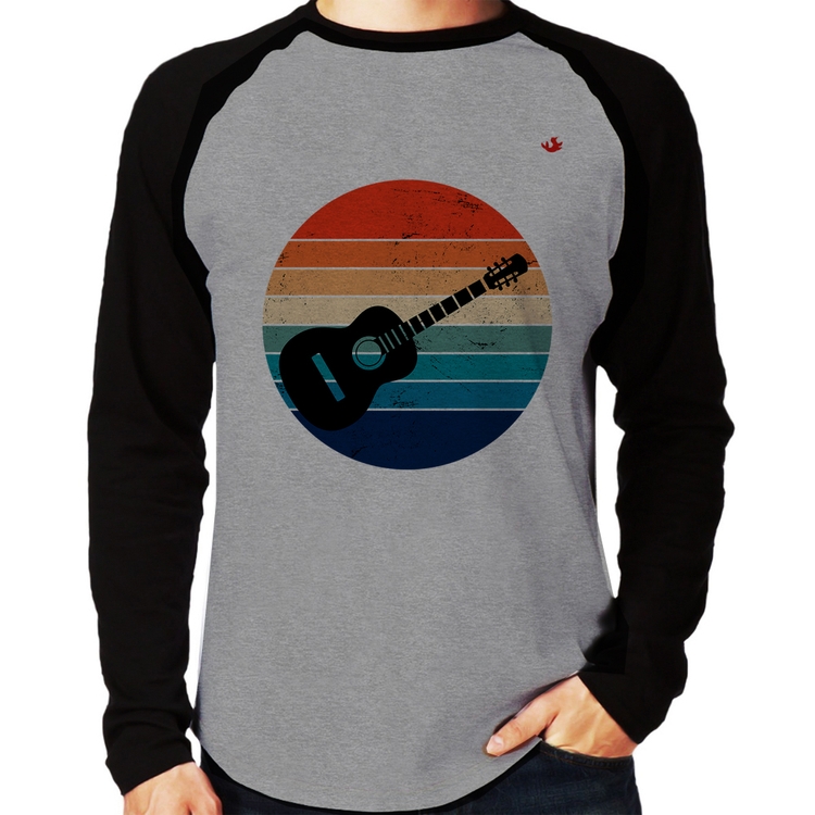 Camiseta Raglan Violão Vintage Sunset Manga Longa - Cinza/Preto