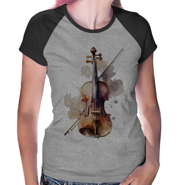 Baby Look Raglan Violino - Cinza/Preto