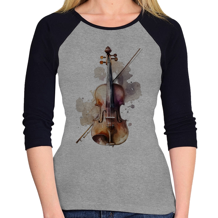 Baby Look Raglan Violino Manga 3/4 - Cinza/Preto