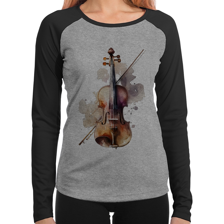 Baby Look Raglan Violino Manga Longa - Cinza/Preto