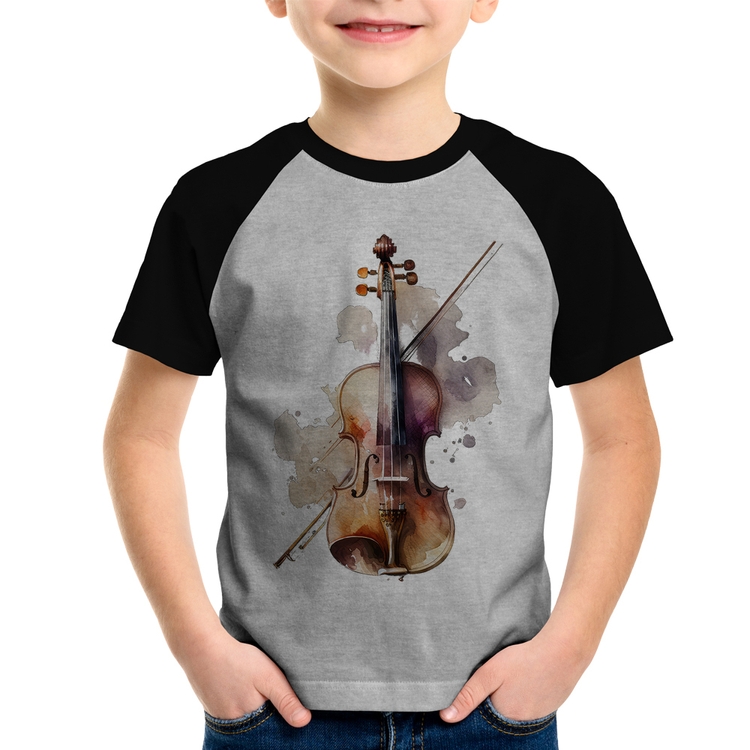 Camiseta Raglan Infantil Violino - Cinza/Preto