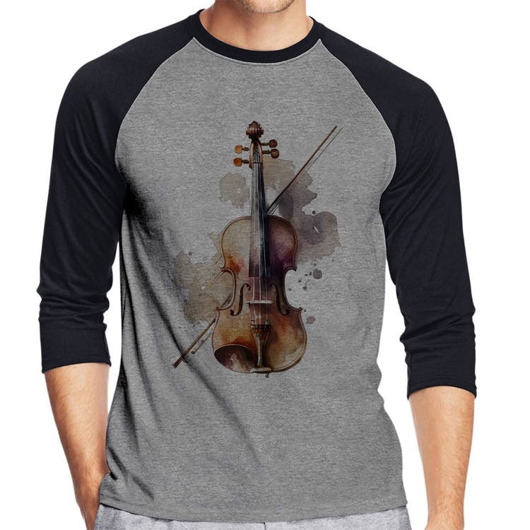 Camiseta Raglan Violino Manga 3/4 - Cinza/Preto