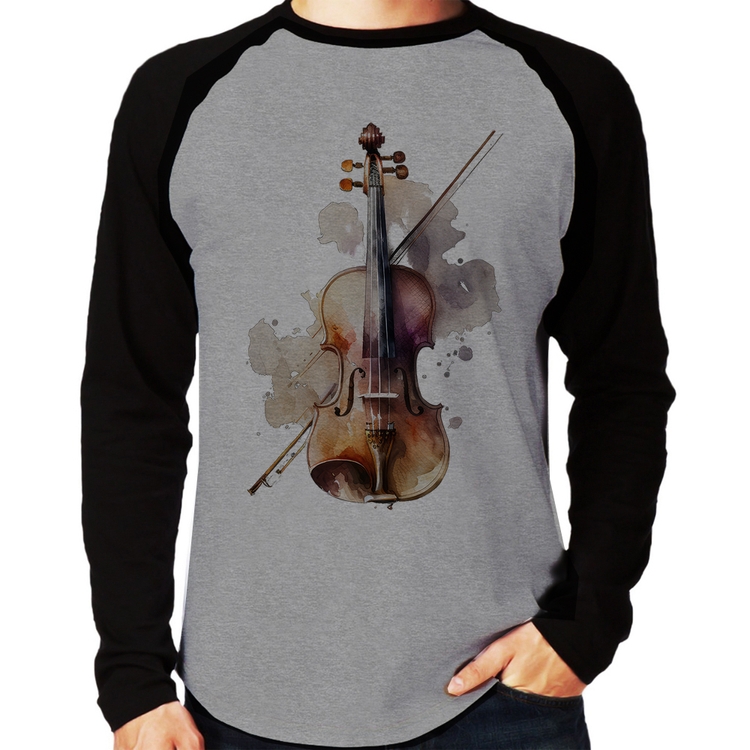 Camiseta Raglan Violino Manga Longa - Cinza/Preto