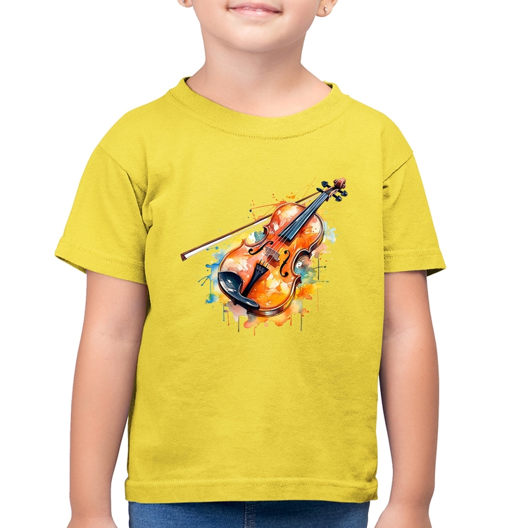 Camiseta Algodão Infantil Violino Watercolor - Amarelo Canário