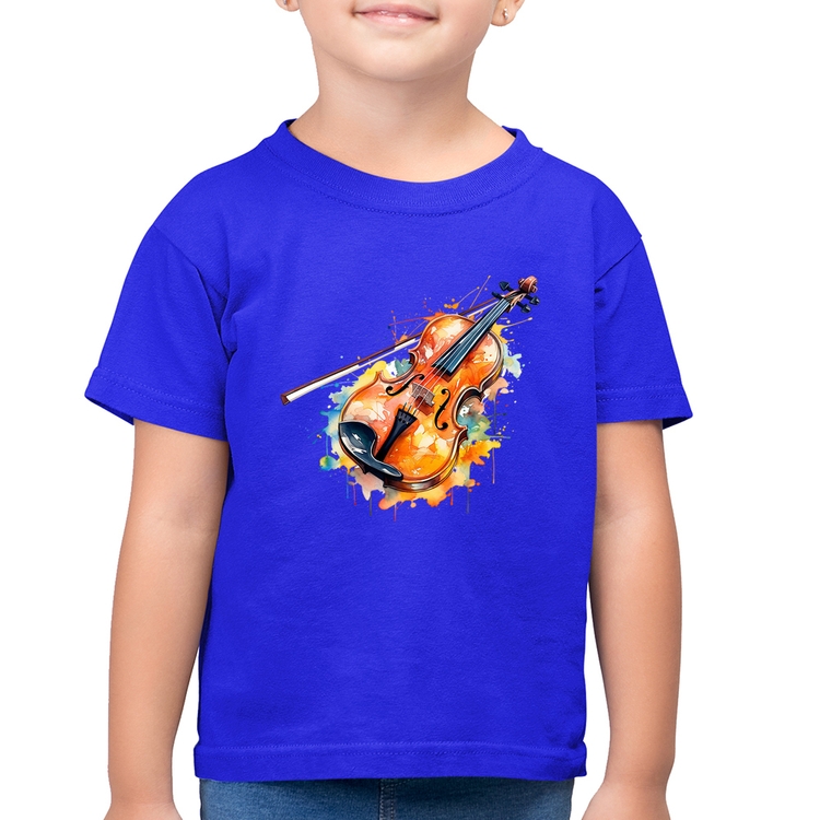 Camiseta Algodão Infantil Violino Watercolor - Azul Royal