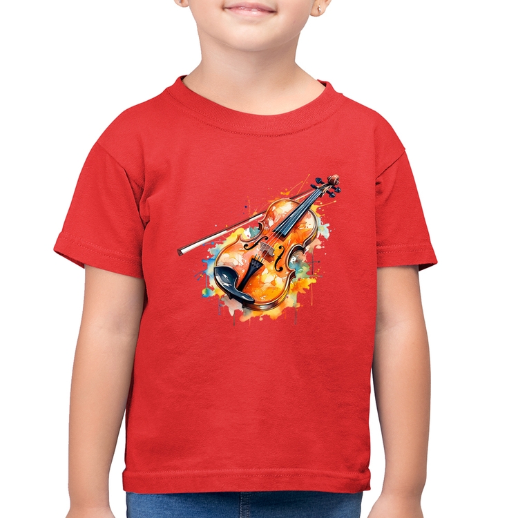Camiseta Algodão Infantil Violino Watercolor - Vermelha