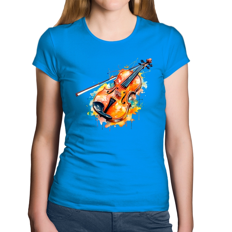 Baby Look Algodão Violino Watercolor - Azul