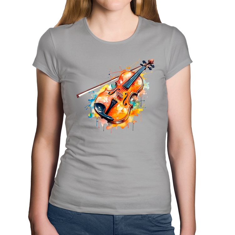 Baby Look Algodão Violino Watercolor - Cinza