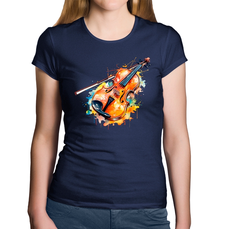 Baby Look Algodão Violino Watercolor - Marinho