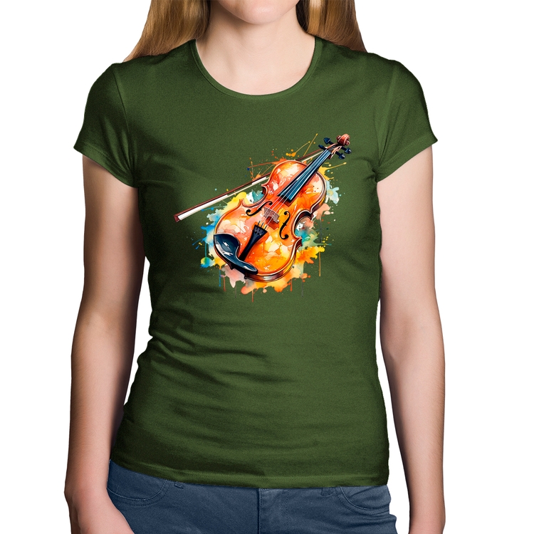 Baby Look Algodão Violino Watercolor - Musgo