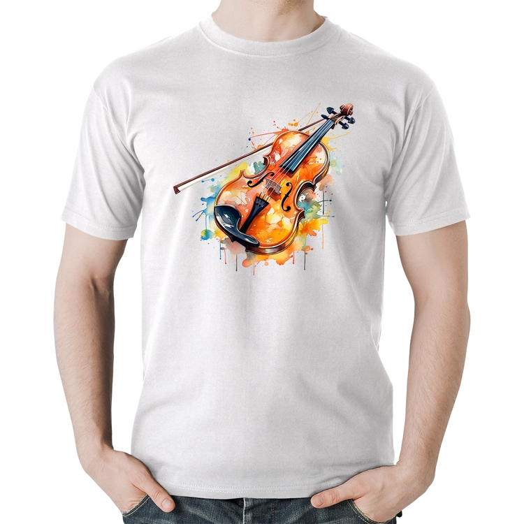 Camiseta Algodão Violino Watercolor - Branca
