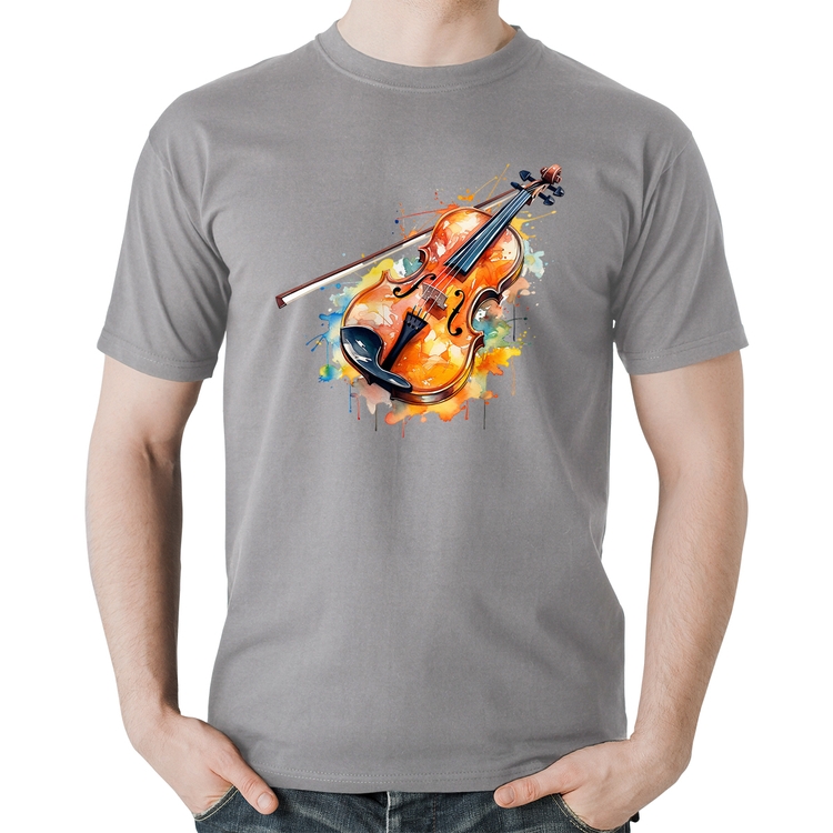 Camiseta Algodão Violino Watercolor - Cinza