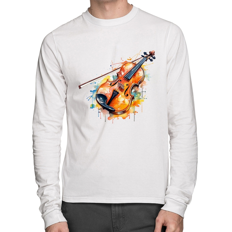 Camiseta Algodão Violino Watercolor Manga Longa - Branca