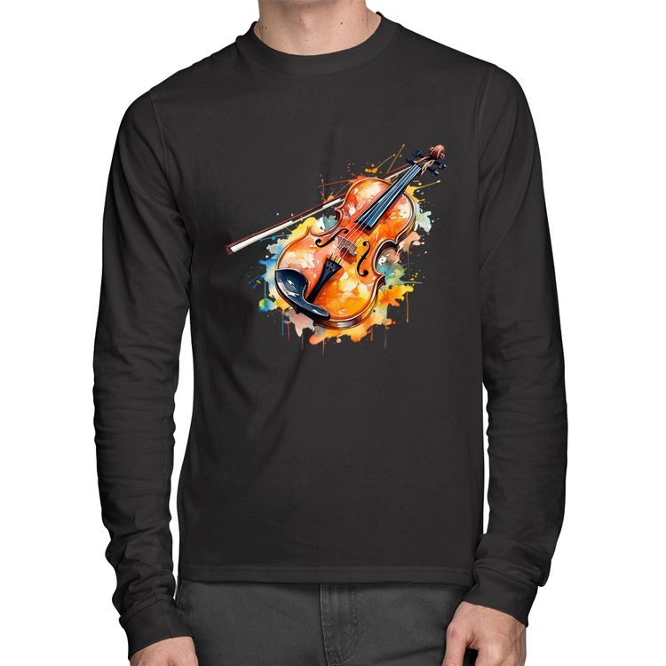 Camiseta Algodão Violino Watercolor Manga Longa
