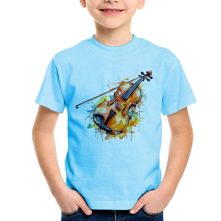 Camiseta Infantil Violino Watercolor - Azul Bebê