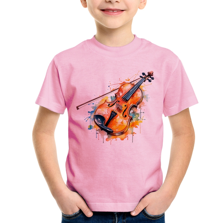 Camiseta Infantil Violino Watercolor - Rosa Bebê