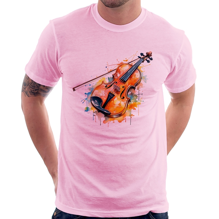 Camiseta Violino Watercolor - Rosa Bebê