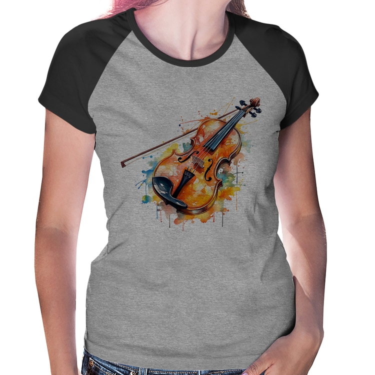 Baby Look Raglan Violino Watercolor - Cinza/Preto