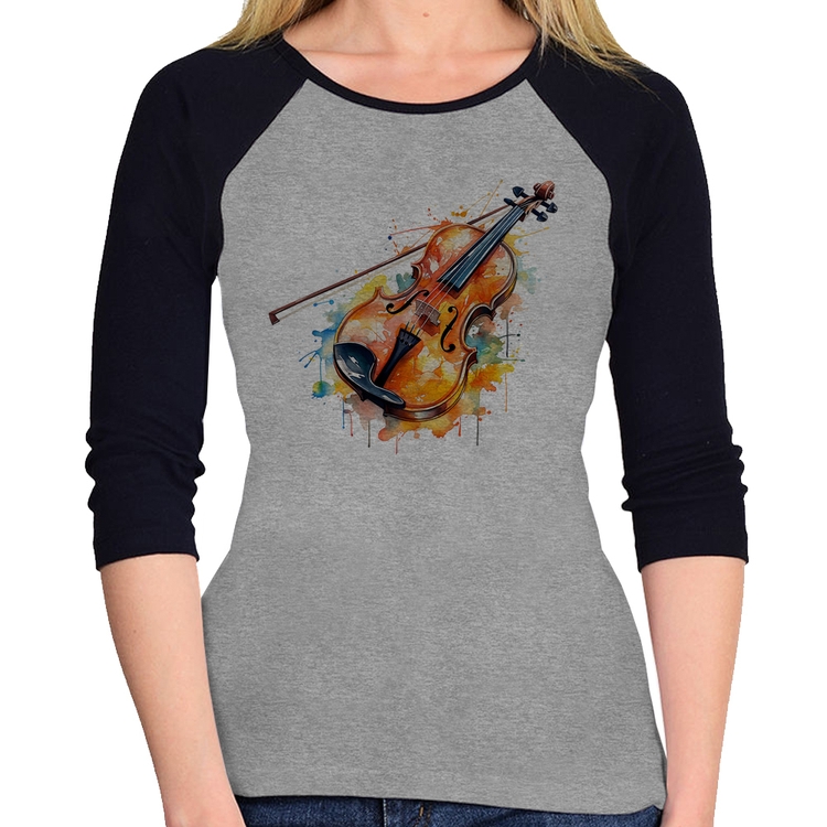 Baby Look Raglan Violino Watercolor Manga 3/4 - Cinza/Preto