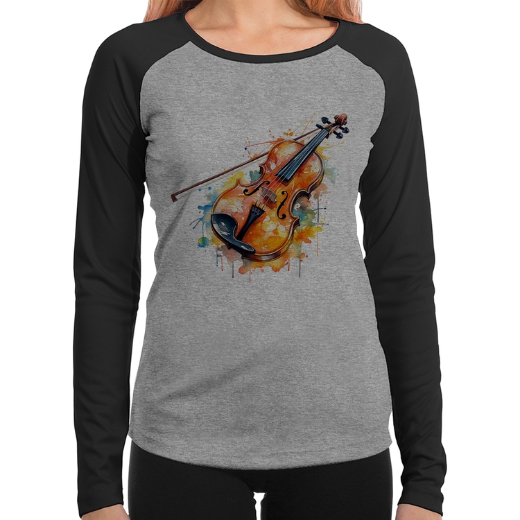 Baby Look Raglan Violino Watercolor Manga Longa - Cinza/Preto