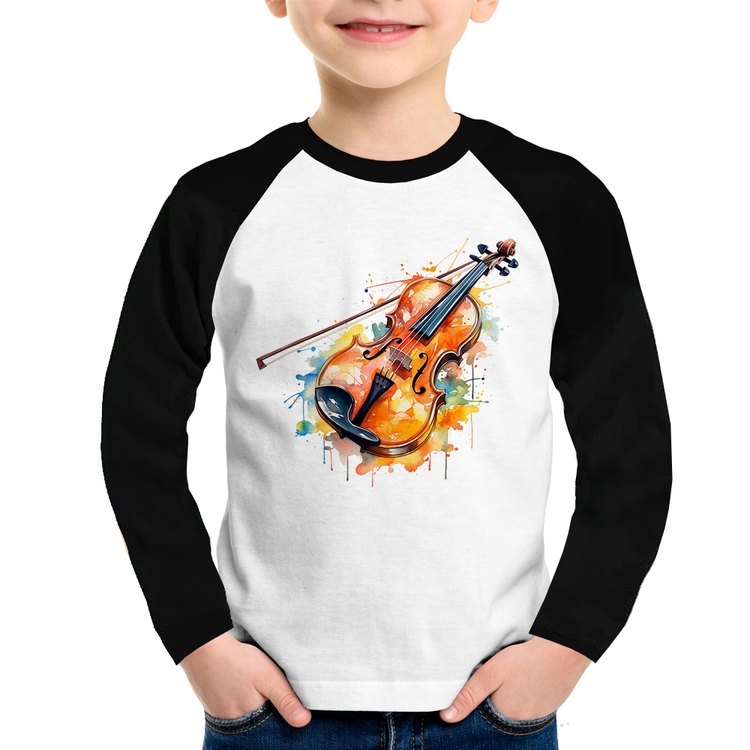 Camiseta Raglan Infantil Violino Watercolor Manga Longa