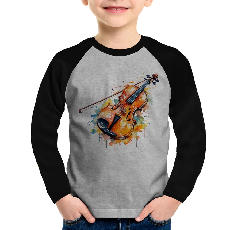 Camiseta Raglan Infantil Violino Watercolor Manga Longa - Cinza/Preto
