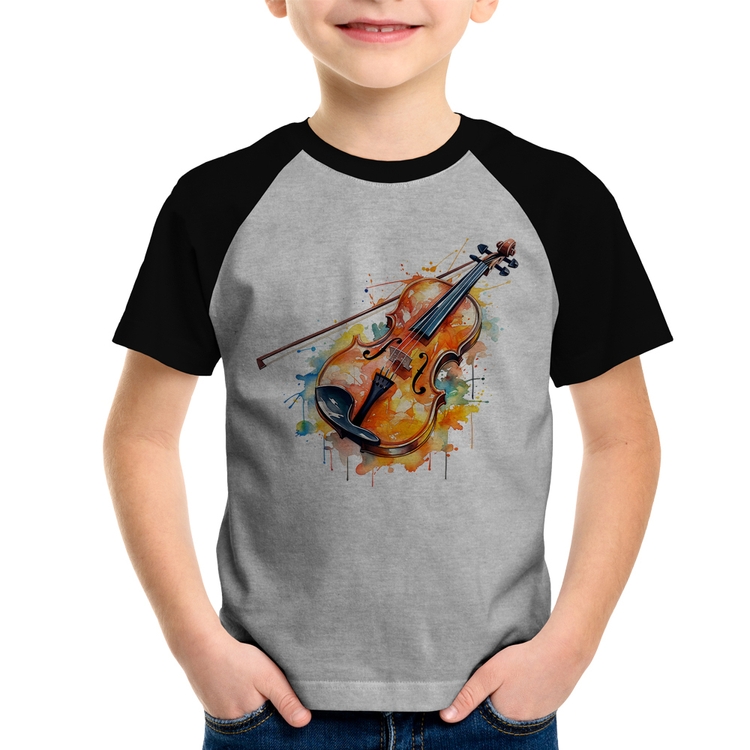 Camiseta Raglan Infantil Violino Watercolor - Cinza/Preto