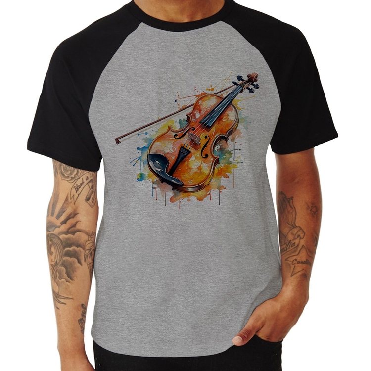 Camiseta Raglan Violino Watercolor - Cinza/Preto