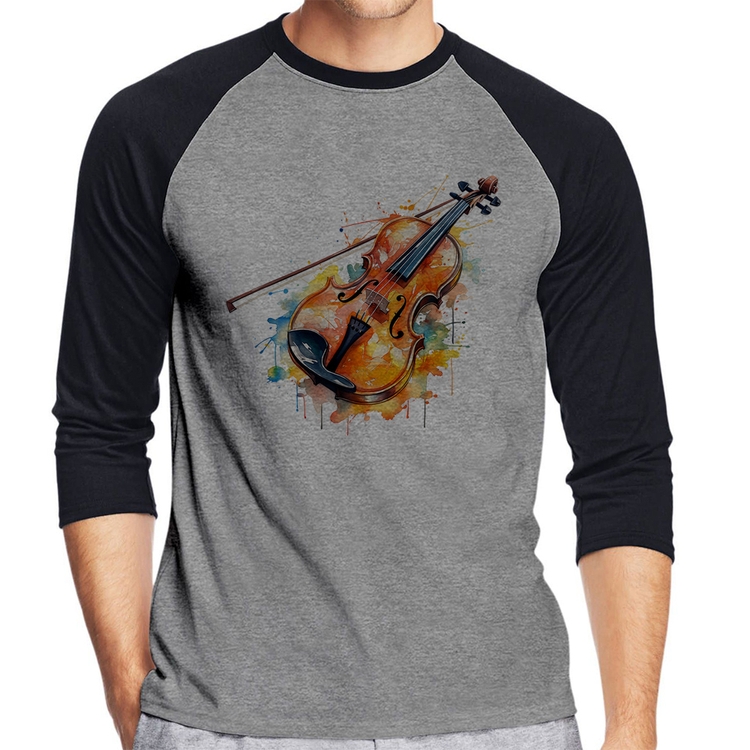 Camiseta Raglan Violino Watercolor Manga 3/4 - Cinza/Preto